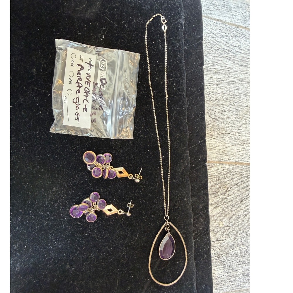 Necklace Earrings Set Purple Glass 925 Italy Gold Tone‎ Amethyst Gem Jewelry